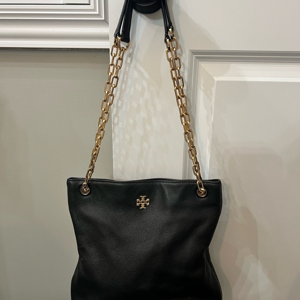 Tory Burch Black Leather Shoulder Bag with Gold Chain
